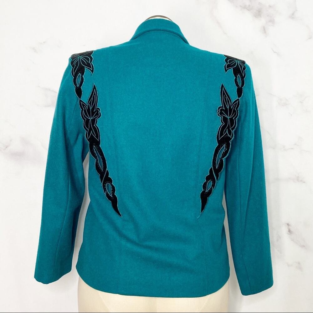 Vintage Double Breasted Blazer Teal Floral Appliqué 90s Prairie Western Size L - Picture 7 of 13